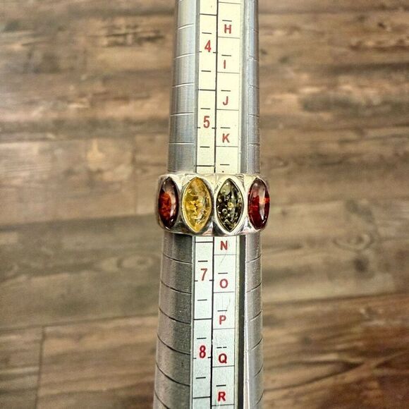 Sterling Silver Multicolor Baltic Amber Four Stone Marquise Shape Ring New - Picture 2 of 5